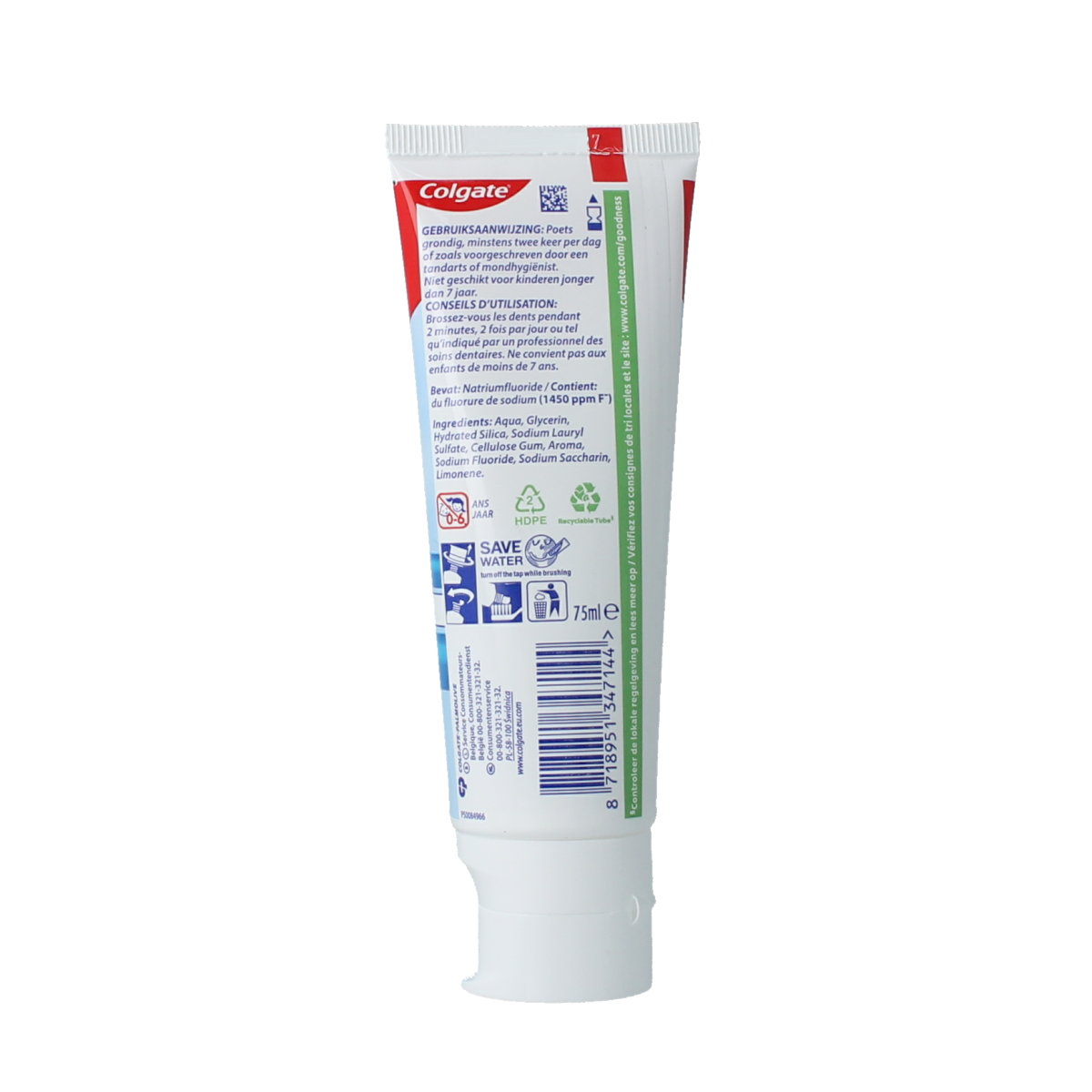 Colgate triple action whitening toothpaste in a 75ml tube with a white and blue packaging design.