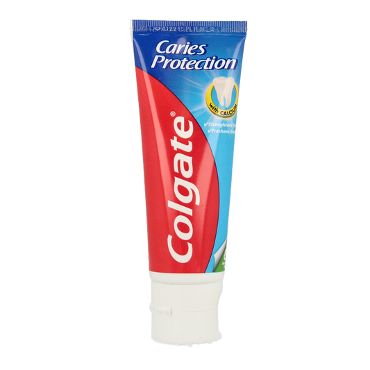 Colgate Caries Protect toothpaste 75ml tube showing the packaging and branding for cavity protection and oral hygiene.