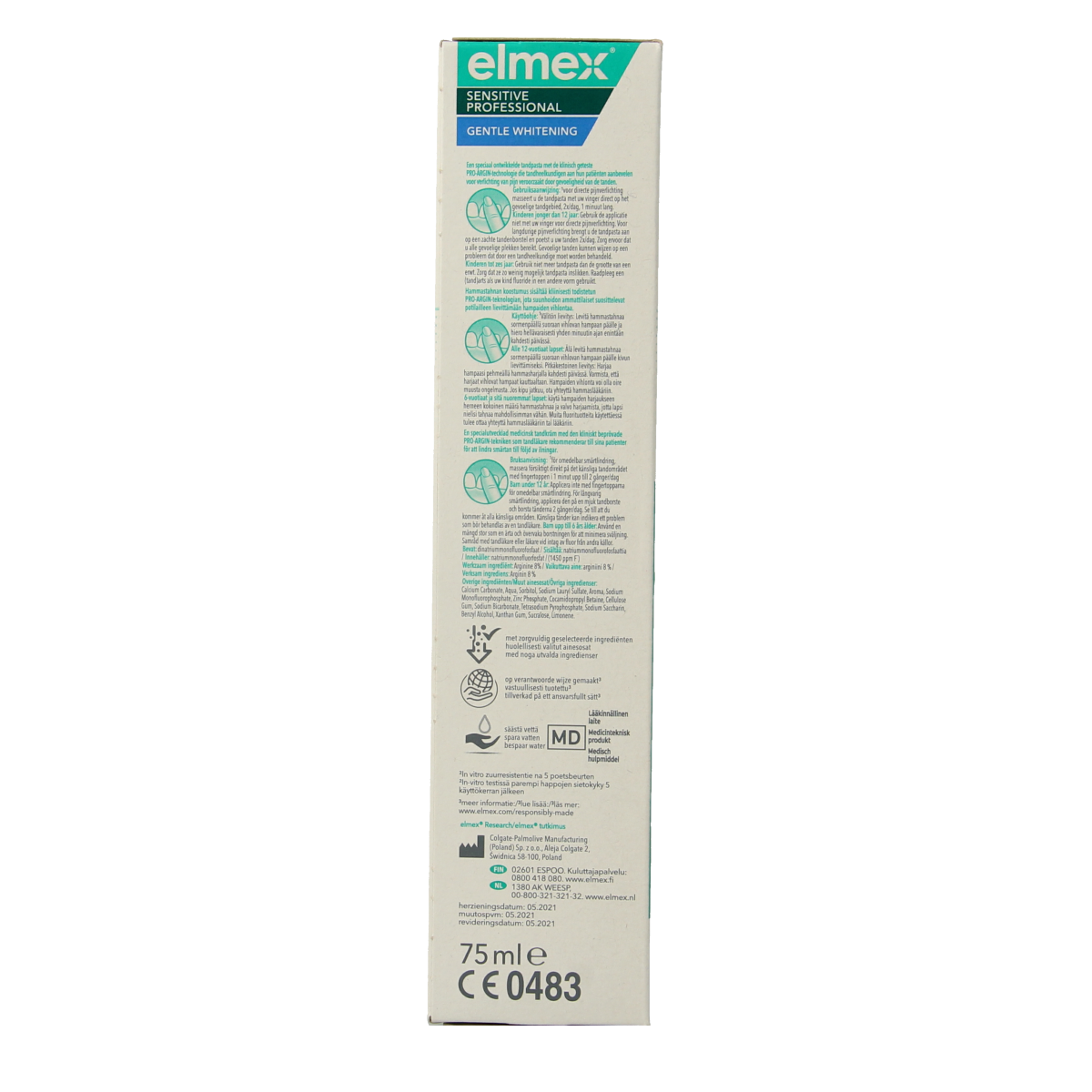 Elmex Sensitive White professional toothpaste in 75ml tube, gentle formula for sensitive teeth and whitening.
