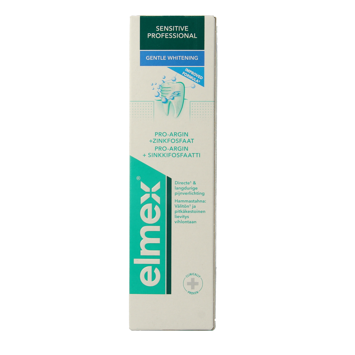 Elmex sensitive gentle white toothpaste in 75ml tube showing the Elmex branding and packaging details.