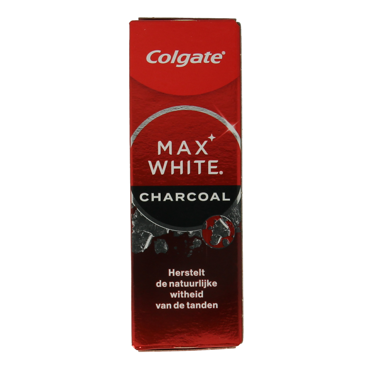 Colgate Max White Charcoal toothpaste tube with black cap and label, 20ml, featuring whitening and charcoal ingredients