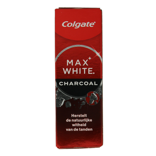 Colgate Max White Charcoal toothpaste tube with black cap and label, 20ml, featuring whitening and charcoal ingredients