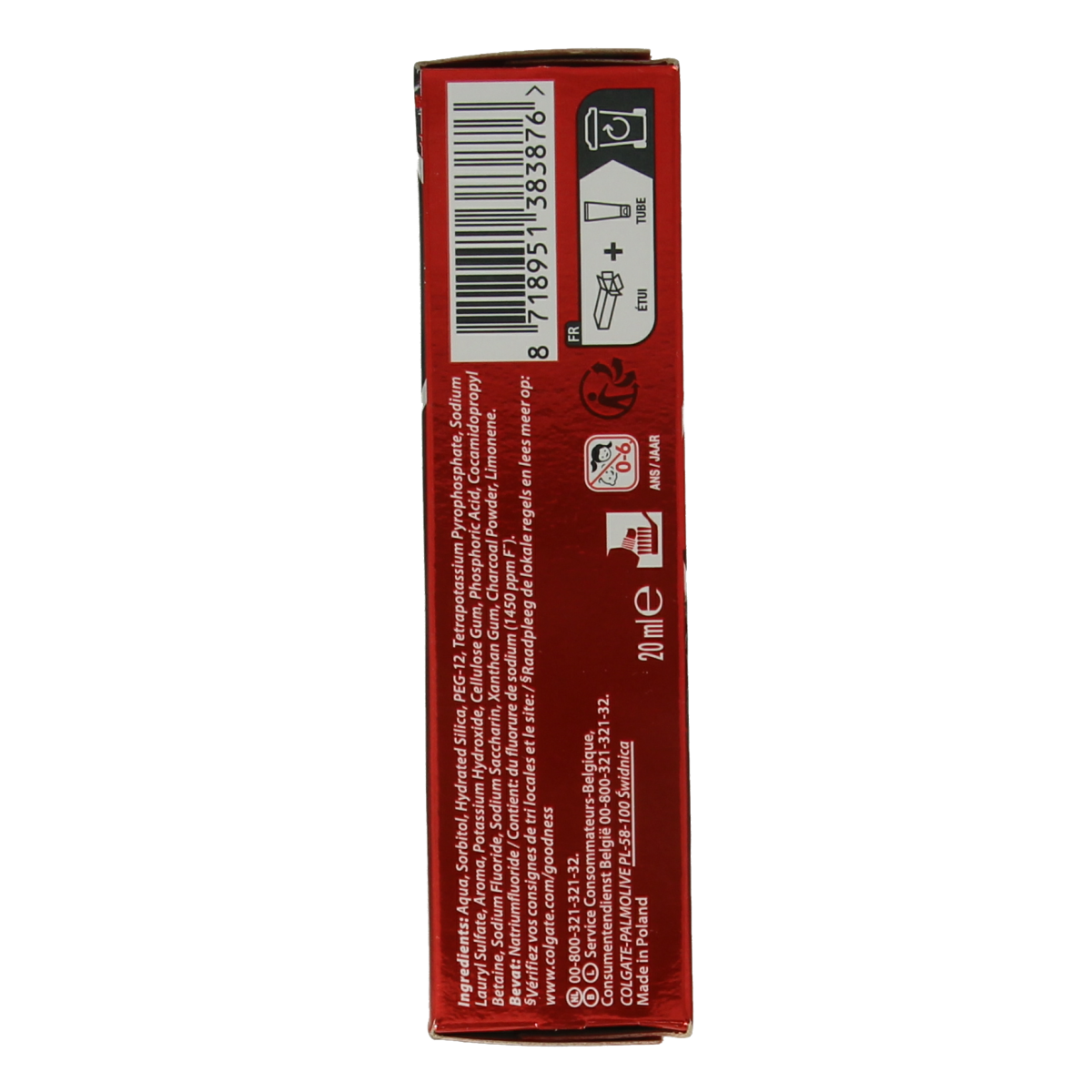 Colgate Max White Charcoal toothpaste in 20ml tube, featuring black and white packaging and a squeeze tube design.
