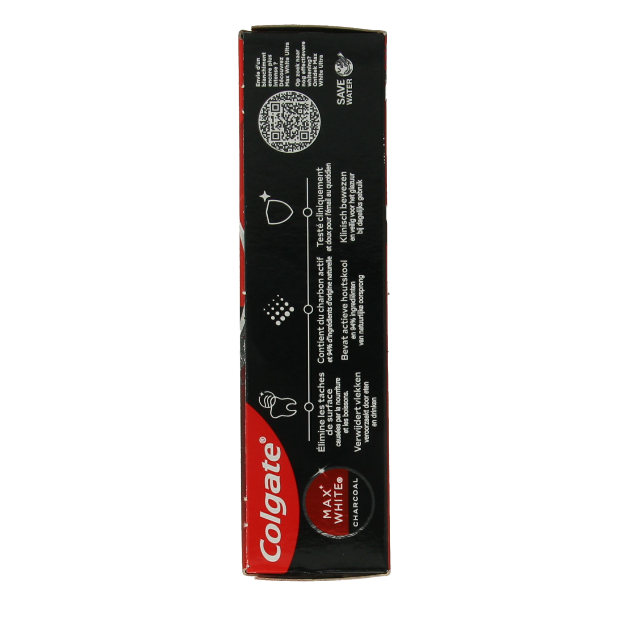 Colgate Max White Charcoal toothpaste in 20ml tube, showing the packaging with black and white design and brand logo.