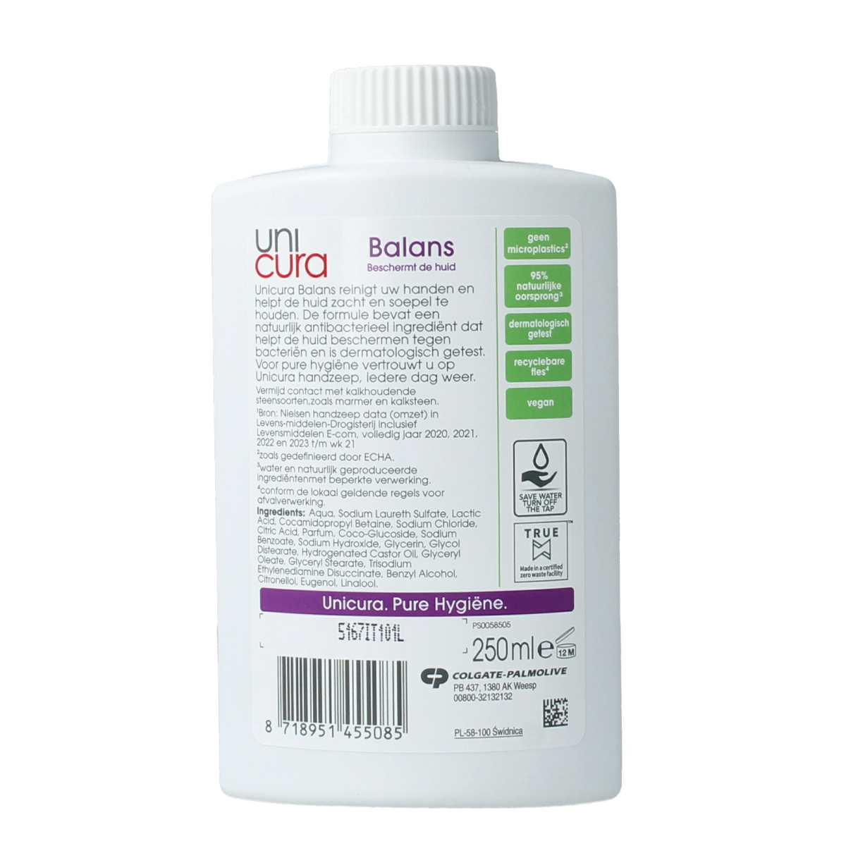 Unicura Handzeep Balance hand soap refill bottle, 250ml, for hand care and moisturizing.