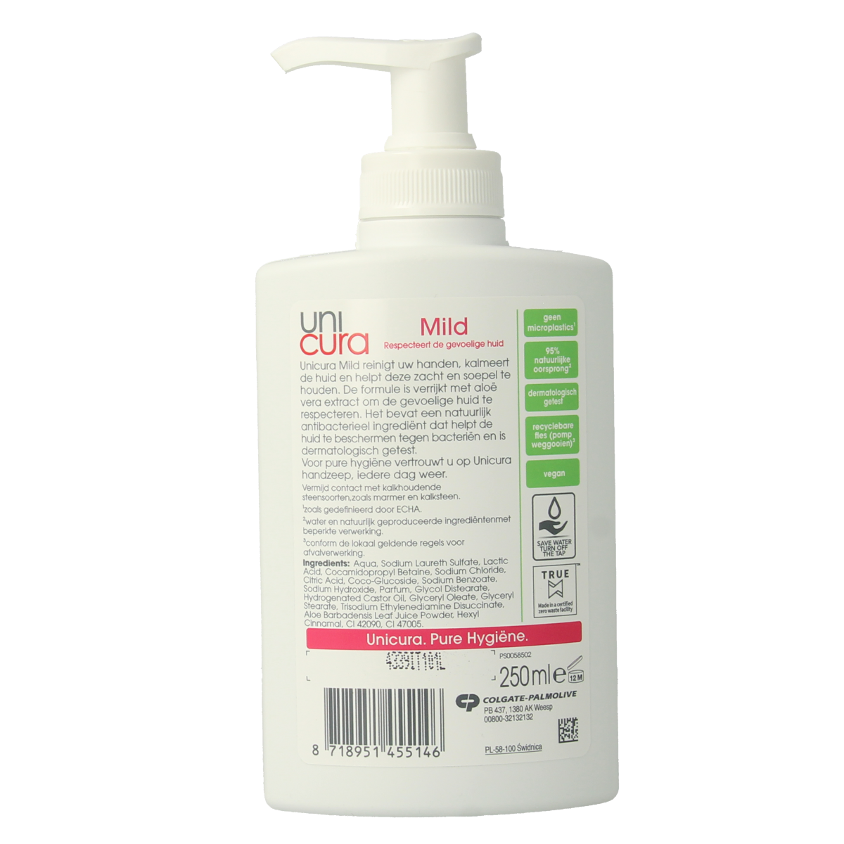 Unicura hand soap mild 250ml bottle with label, designed for gentle hand care and hygiene.