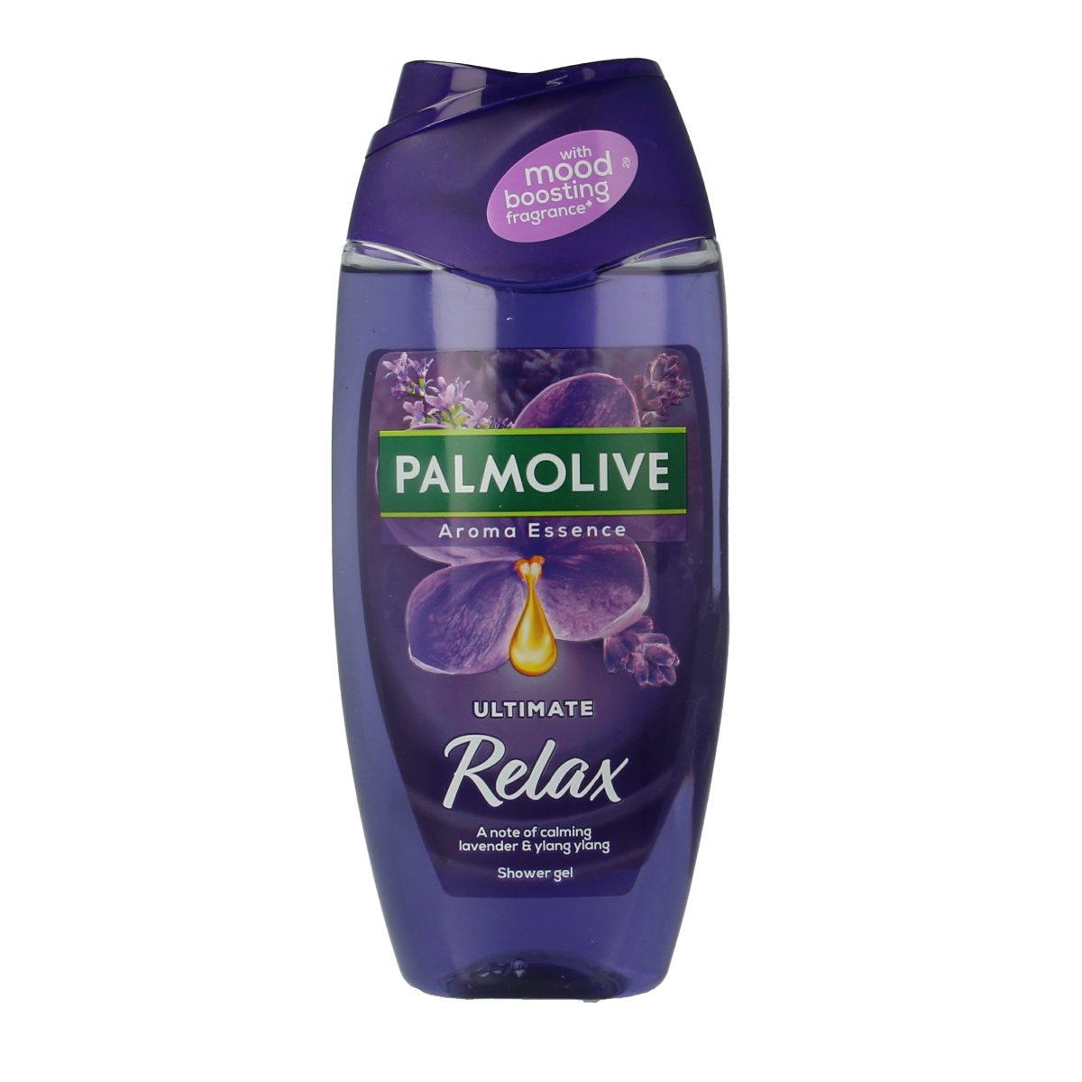 Palmolive Sunset Relax shower gel bottle, 250ml, for soothing bath and body care.