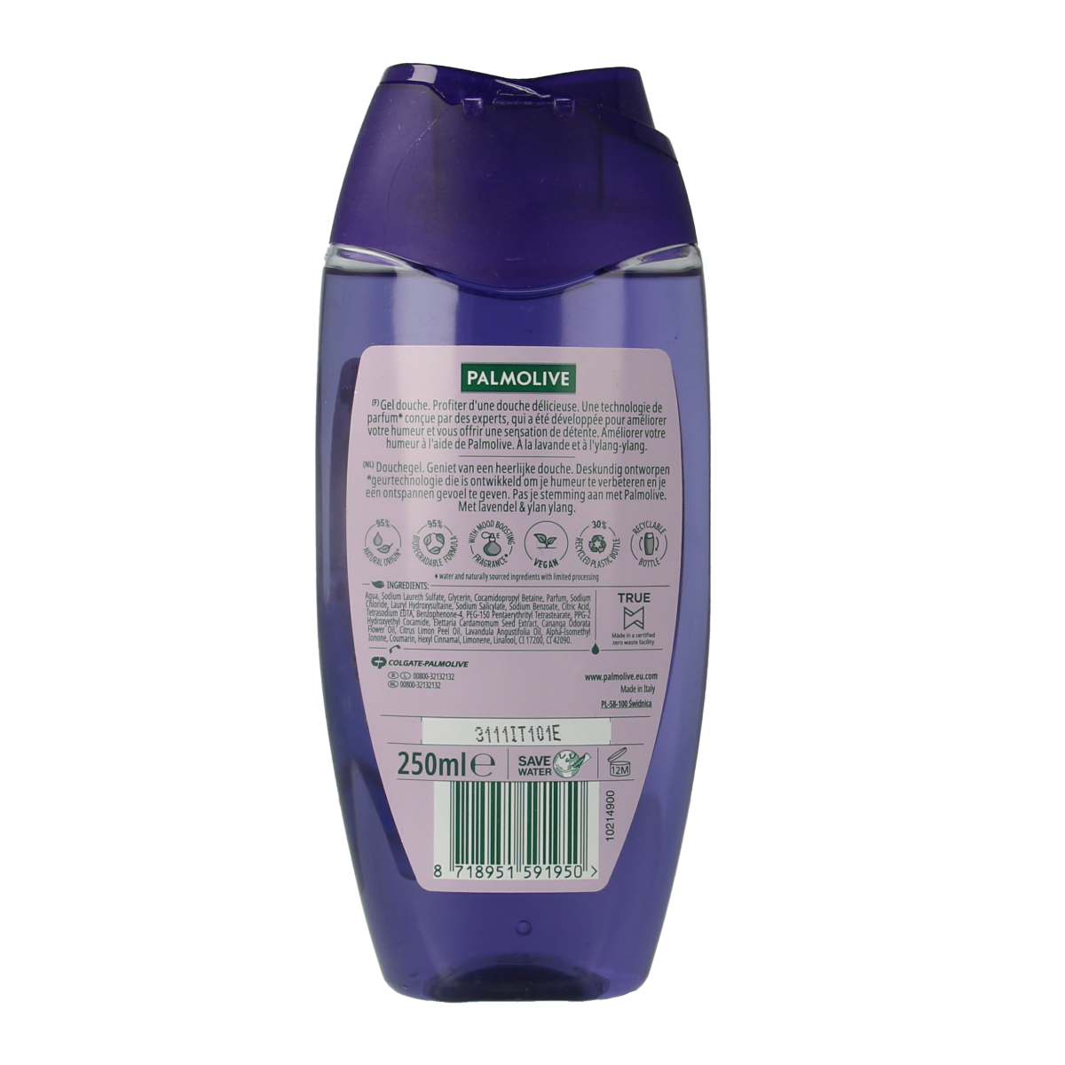 Palmolive Sunset Relax shower gel in 250ml bottle, soothing bad en douche with a sunset-themed label and relaxing scent.