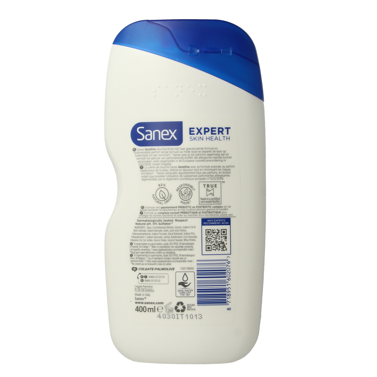 Sanex Expert skin health sensitive douchegel in 400ml bottle, gentle for sensitive skin and daily use.