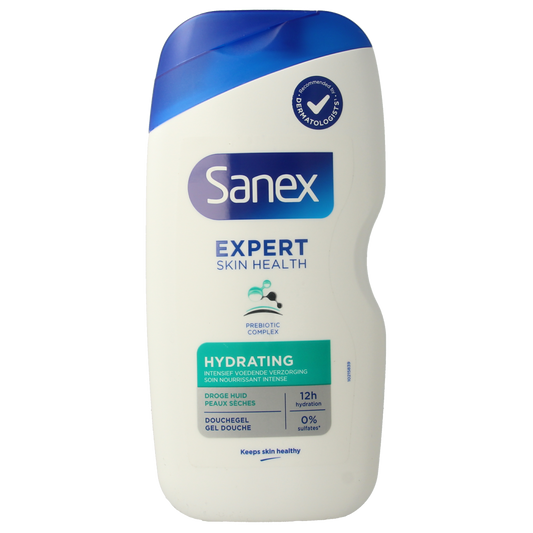 Sanex Shower Expert skin health hydrating body wash in a 400ml bottle, designed for gentle cleansing and skin hydration.