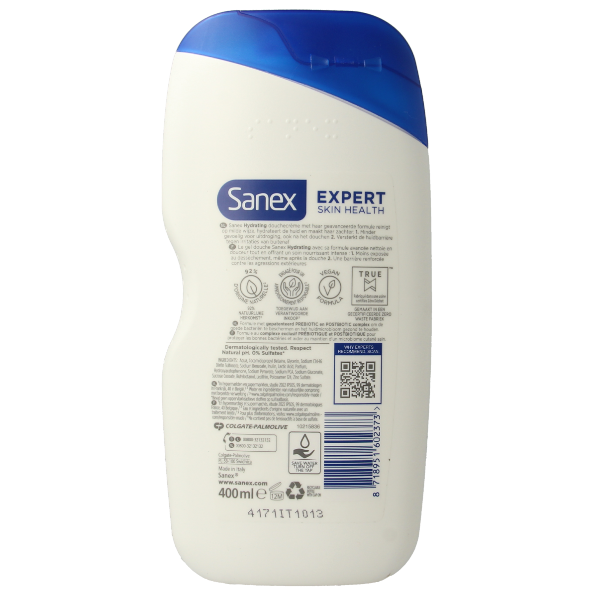 Sanex Shower Expert skin health hydrating bad en douche bottle, 400ml, with white and blue packaging and pump dispenser.