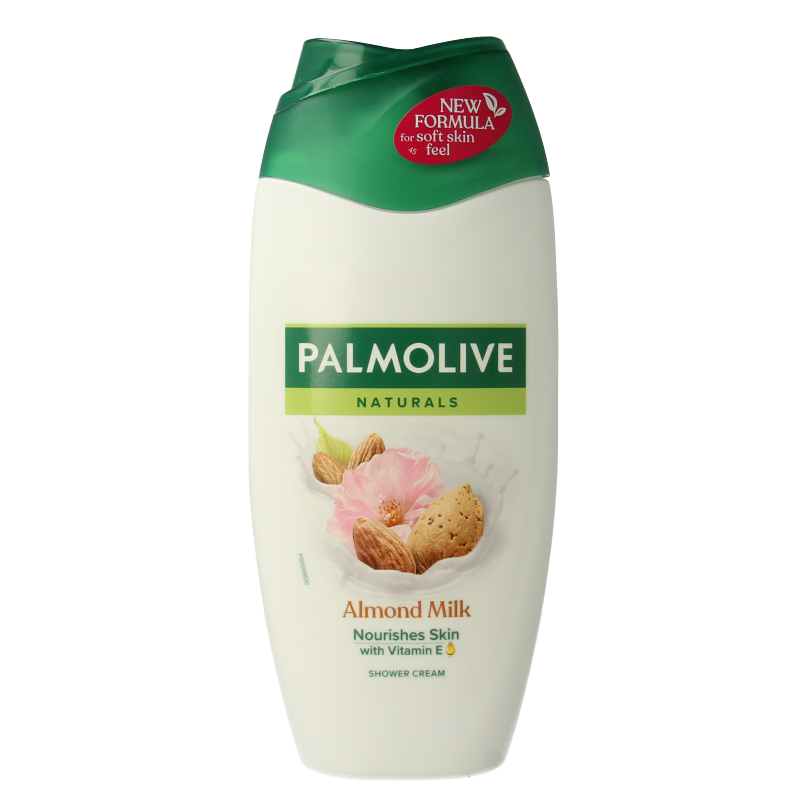 Palmolive Naturals almond douche bottle, 250ml, with creamy white liquid and almond scent, designed for gentle cleansing.