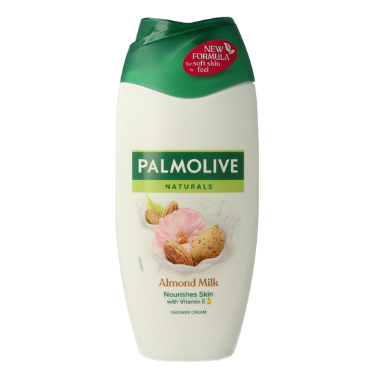 Palmolive Naturals almond douche bottle, 250ml, with creamy white liquid and almond scent, designed for gentle cleansing.