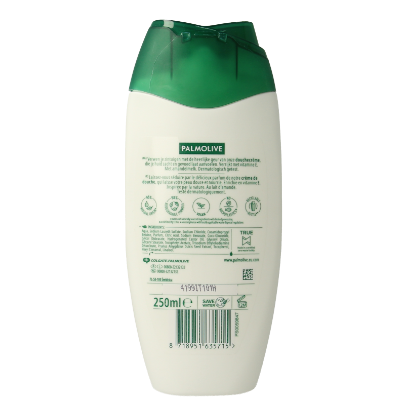 Palmolive Naturals almond douche bottle, 250ml, with a white and beige design, for gentle feminine hygiene and cleansing.
