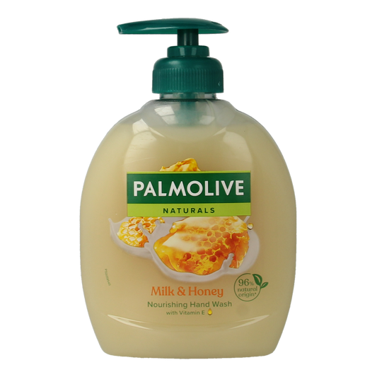 Palmolive Naturals hand soap with milk and honey, 300ml, showing the bottle with a soft label and natural skincare ingredients.
