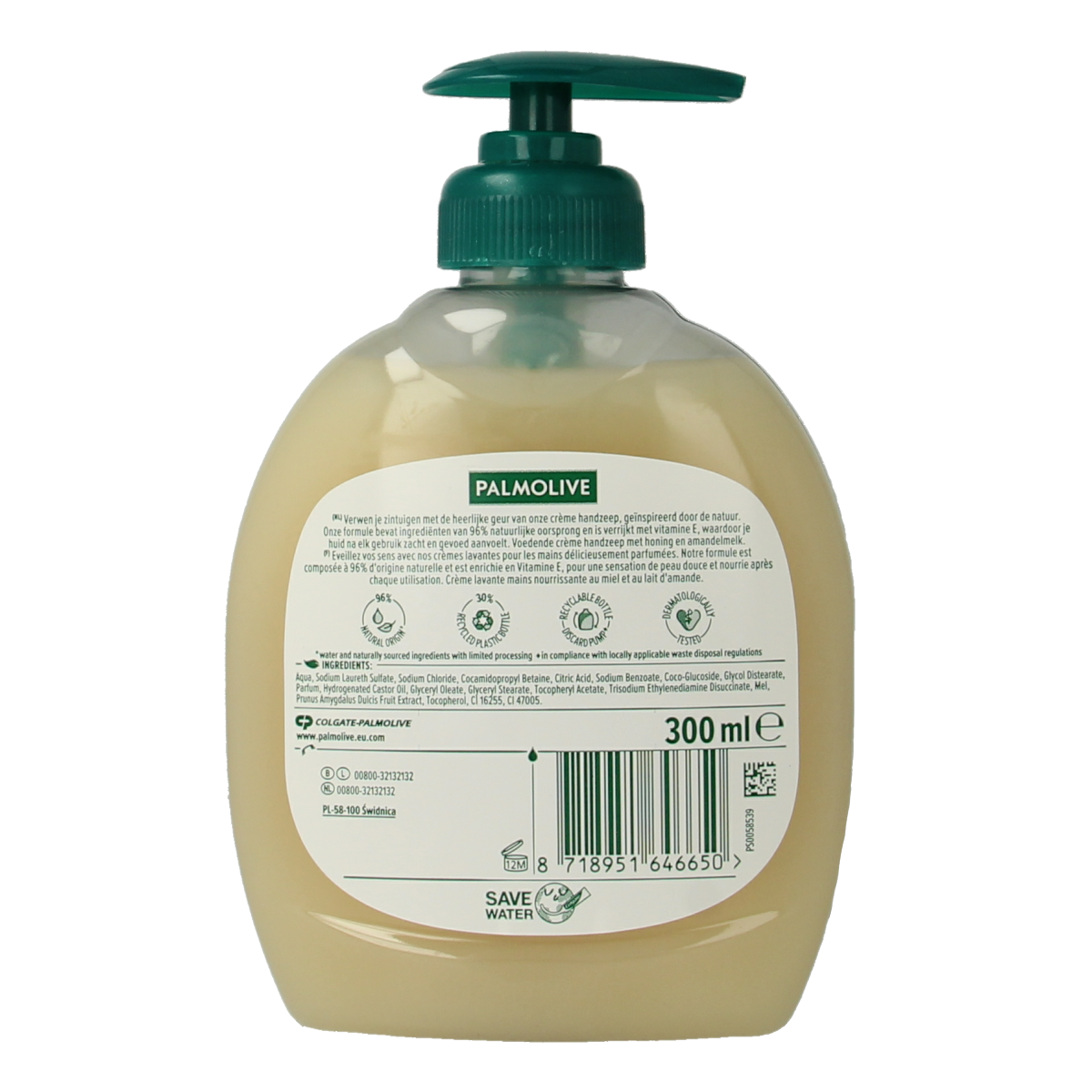 Palmolive Naturals hand soap with milk and honey, 300 ml, showing the bottle with a soft, creamy design and natural ingredients.