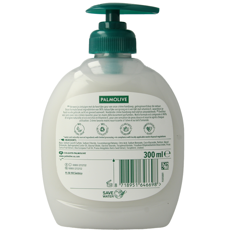 Palmolive Naturals handzeep melk & olijf in 300ml pump bottle, showing creamy soap with olive and milk ingredients.