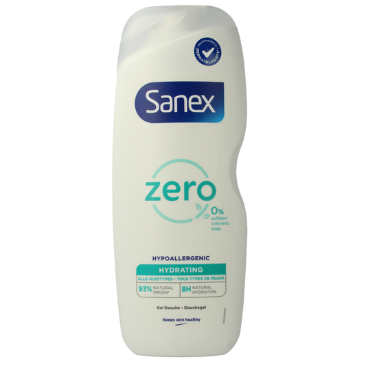 Sanex Douche Zero% Normal Skin 600ml bottle with white cap and label, designed for gentle skin cleansing.