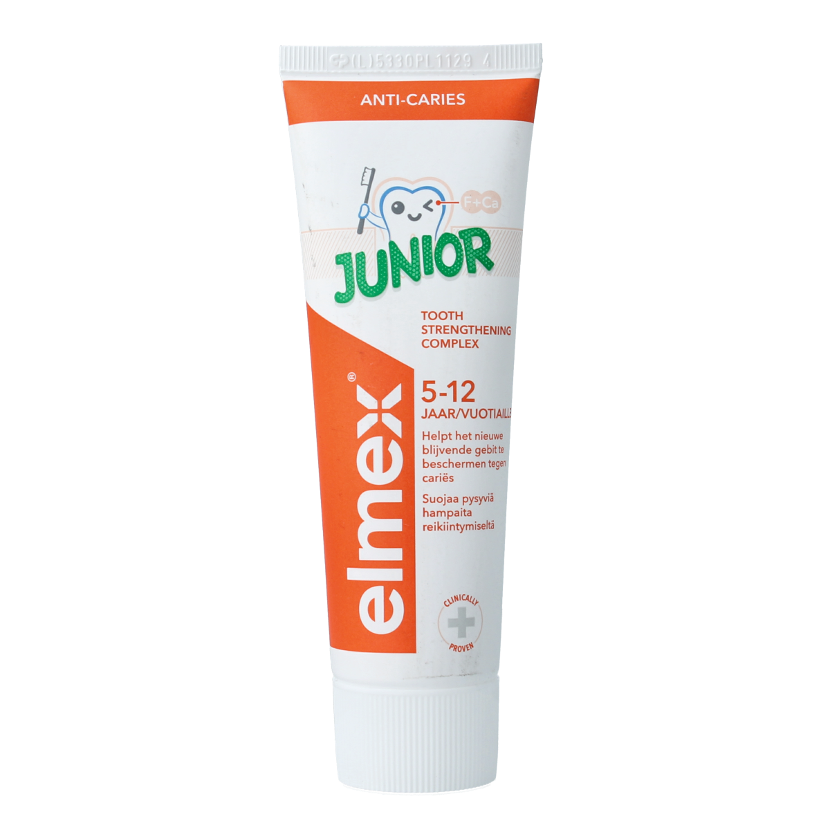Elmex Junior toothpaste 75ml tube with bright packaging, designed for children's dental care, featuring the Elmex brand logo.
