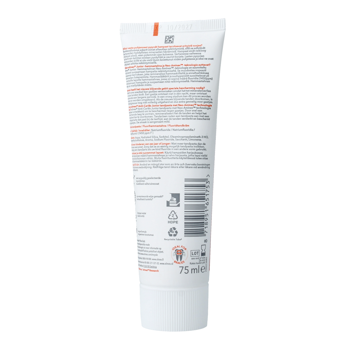 Elmex Junior toothpaste in 75ml tube, featuring child-friendly packaging with colorful design and Elmex branding.