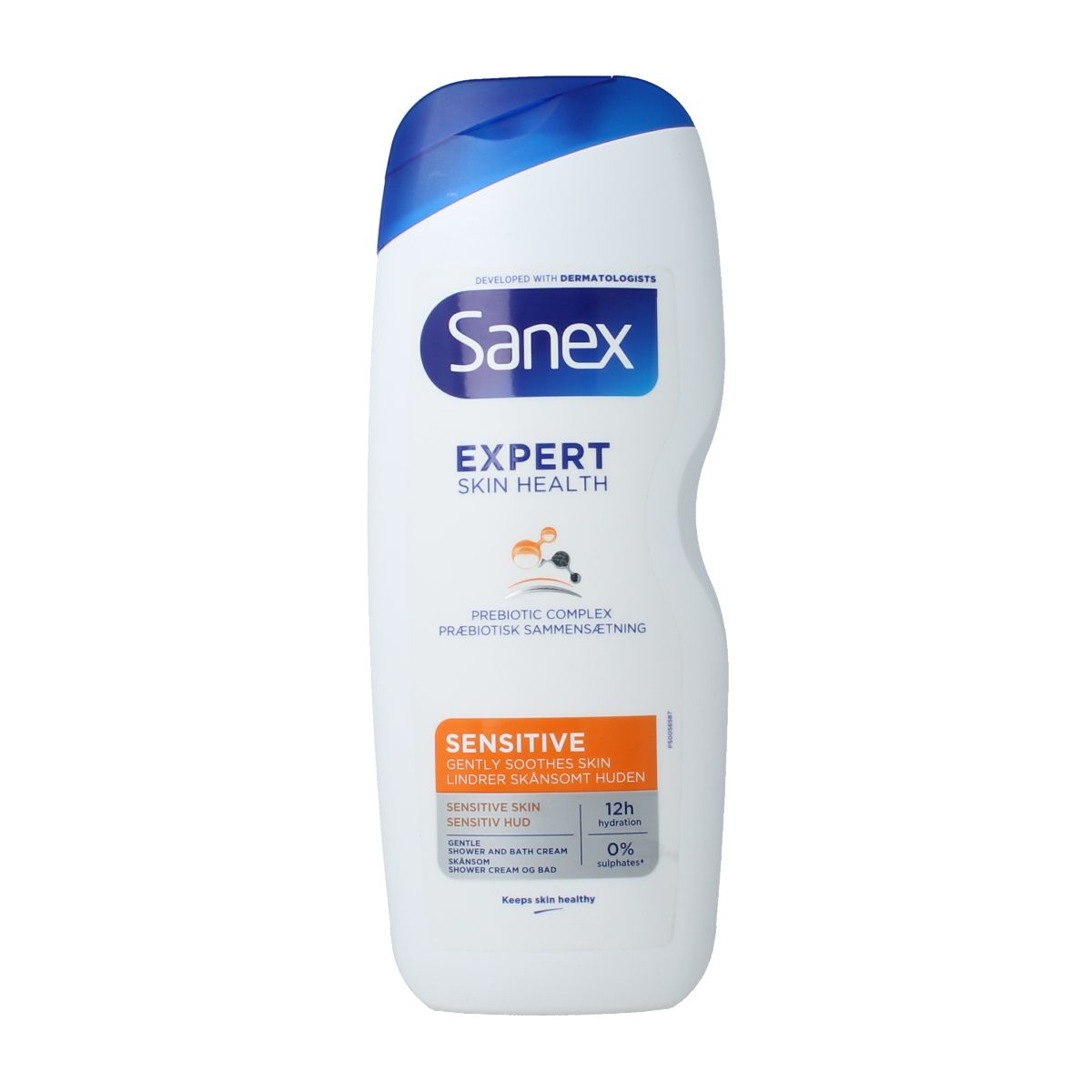 Sanex Dermo Sensitive body wash in a 600ml bottle, gentle skincare product for sensitive skin, with a clear label showing the brand.