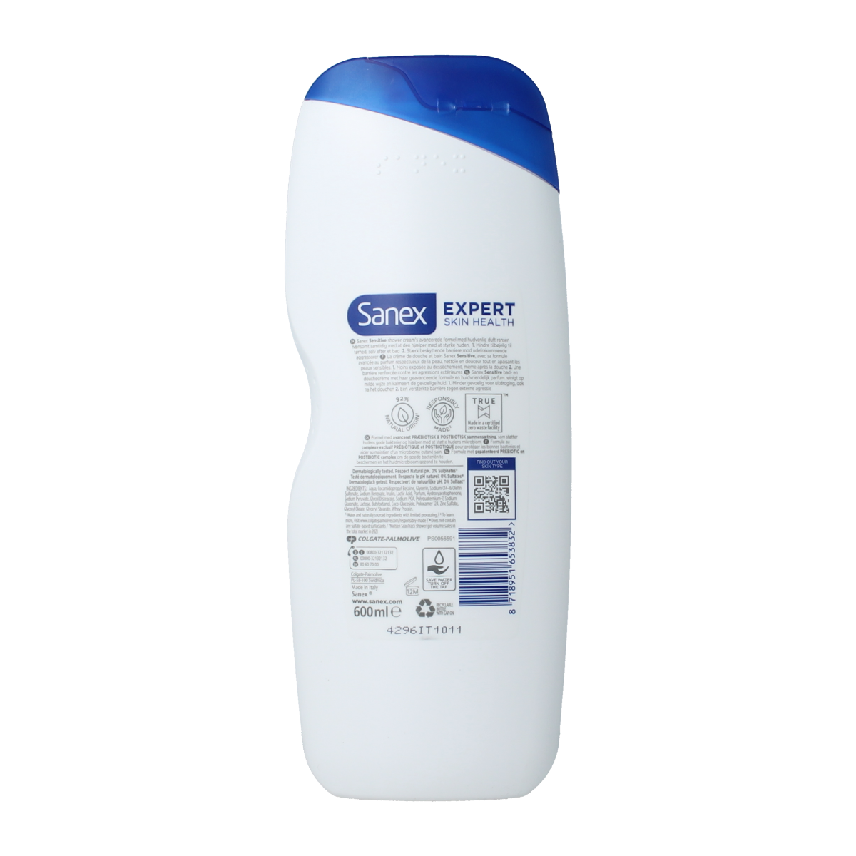 Sanex Dermo Sensitive body wash in a 600ml bottle, gentle dermatologically tested shower gel for sensitive skin.