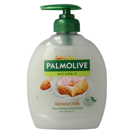 Palmolive Naturals hand soap with milk and almond, 300ml, featuring a pump dispenser and creamy hand care formula.