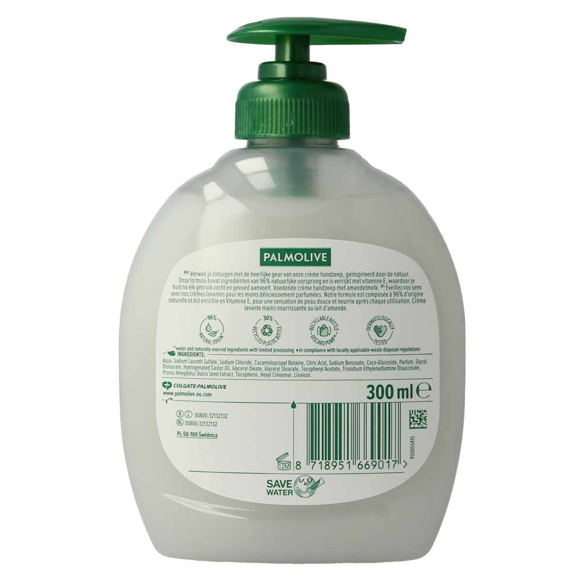 Palmolive Naturals hand soap with milk and almond, 300ml, in a clear pump bottle for gentle hand care.