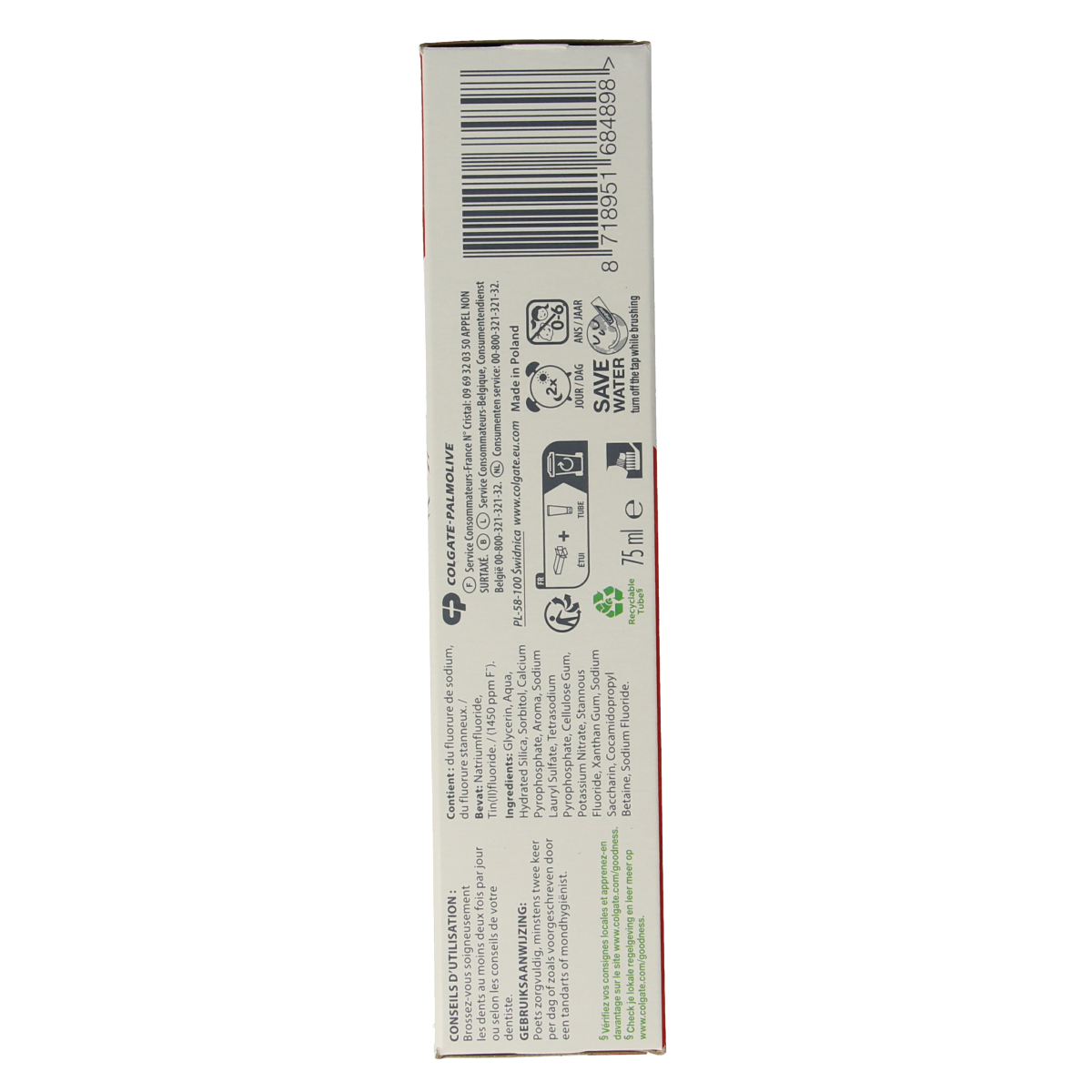 Colgate Total Complete Care toothpaste in a 75ml tube, featuring fresh mint flavor and fluoride for dental health.