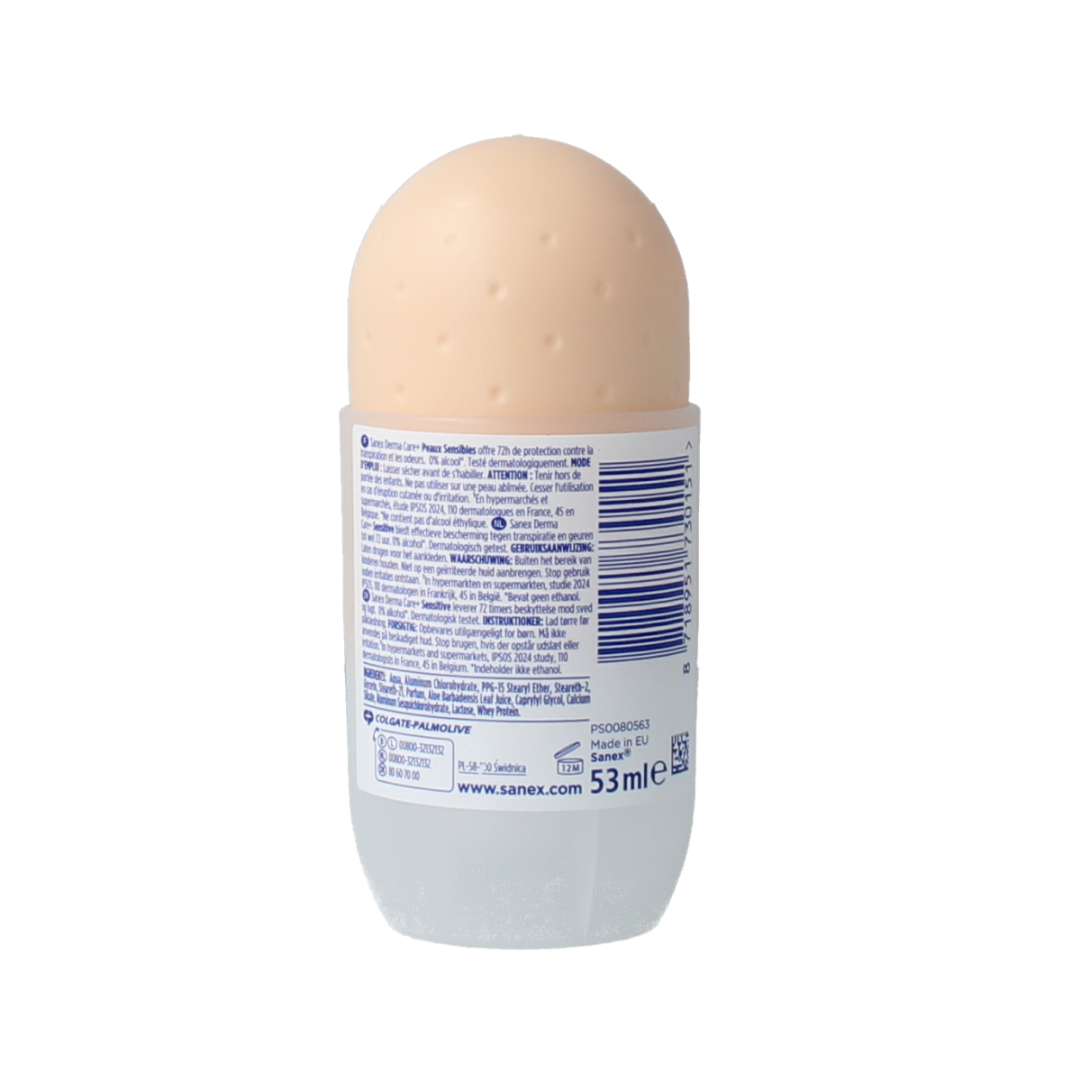 Sanex Dermo Sensitive deodorant roller bottle, 53ml, with a clear cap and white label, designed for sensitive skin.