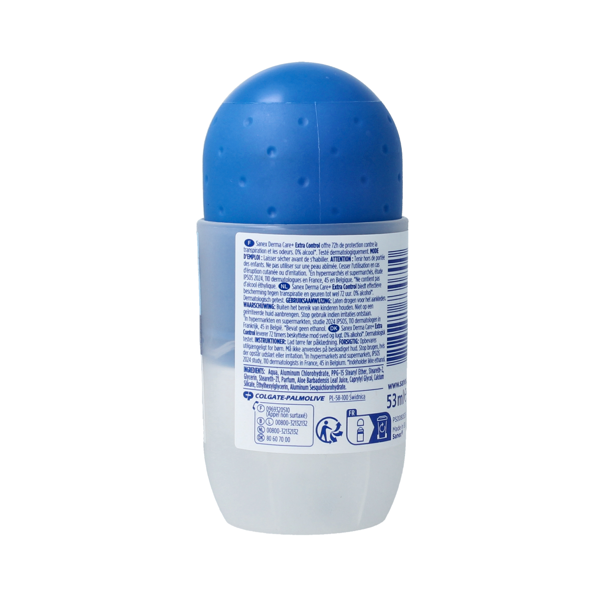 Sanex Dermo Extra Control deodorant roller 53ml, showing the sleek bottle with product label and cap.
