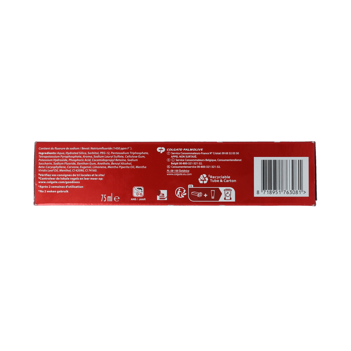 Colgate Max White One toothpaste 75ml tube with white and blue packaging showing the product and brand logo.