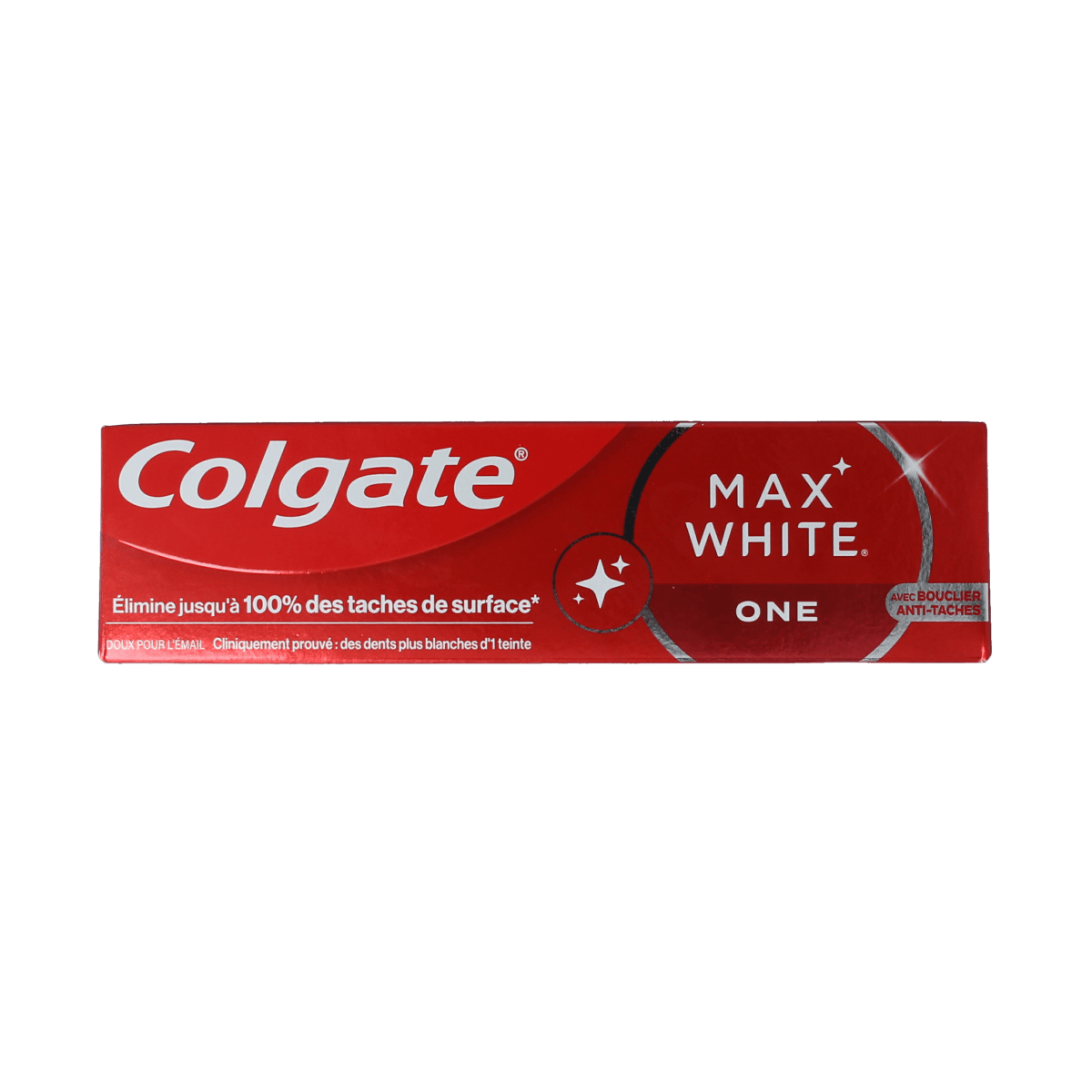 Colgate Max White One toothpaste tube, 75ml, featuring white packaging with the Colgate logo and product branding.