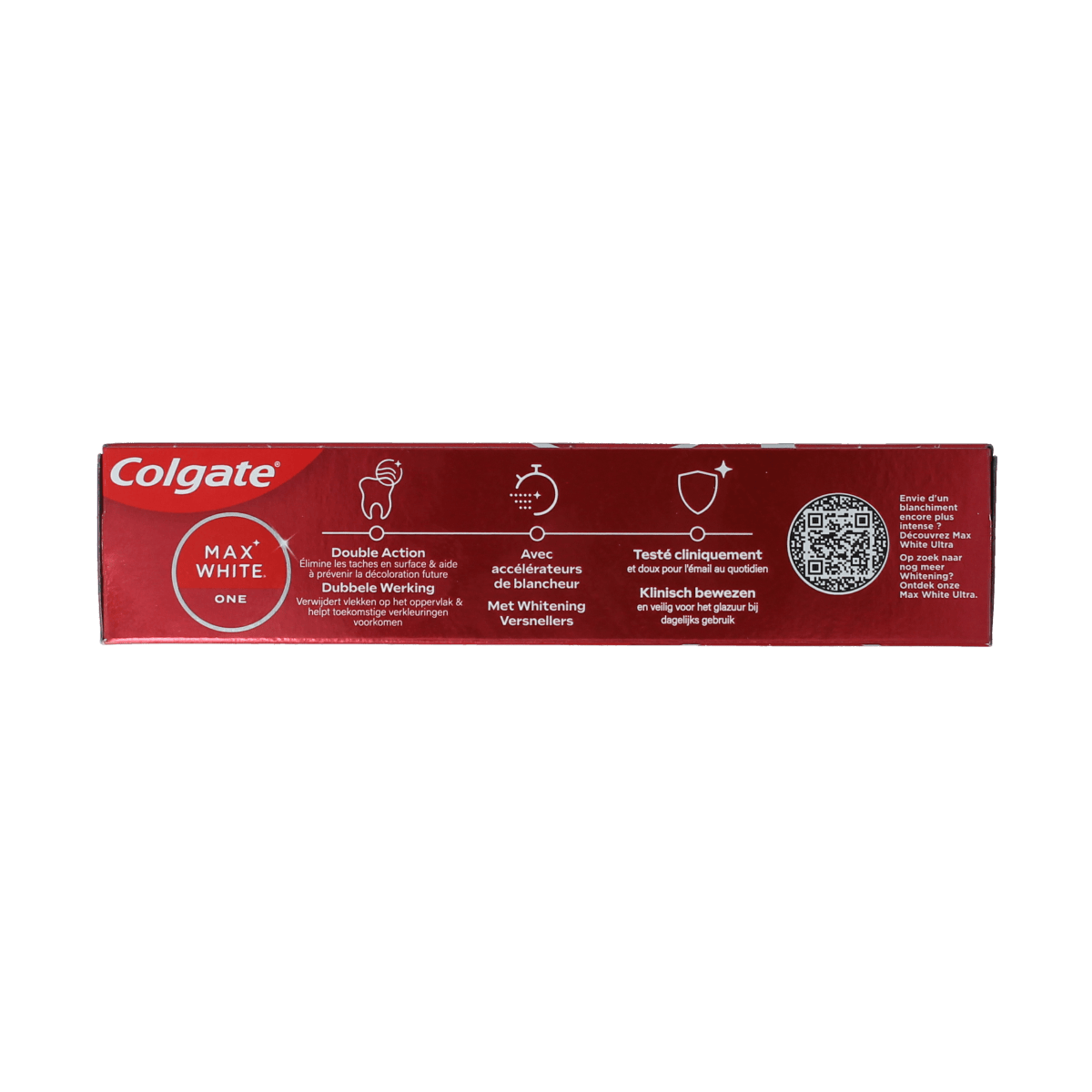 Colgate Max White One toothpaste in a 75ml tube, featuring bright packaging and the Colgate brand logo.
