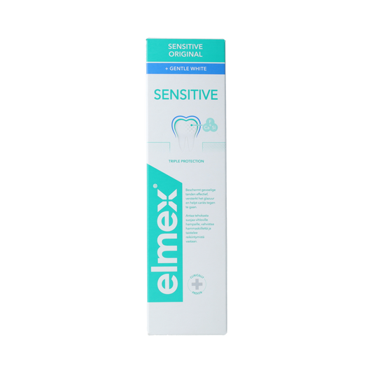 Elmex Sensitive Gentle White toothpaste in a 75ml tube, designed for sensitive teeth and gentle whitening.