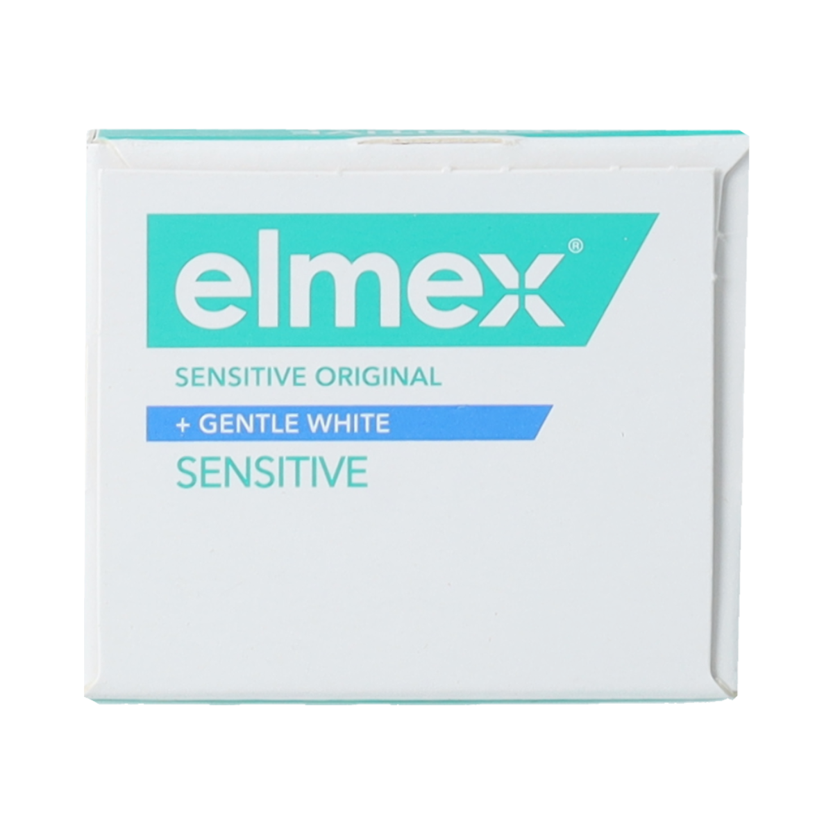 Elmex Sensitive Gentle White toothpaste tube, 75ml, showing the Elmex brand and product packaging.