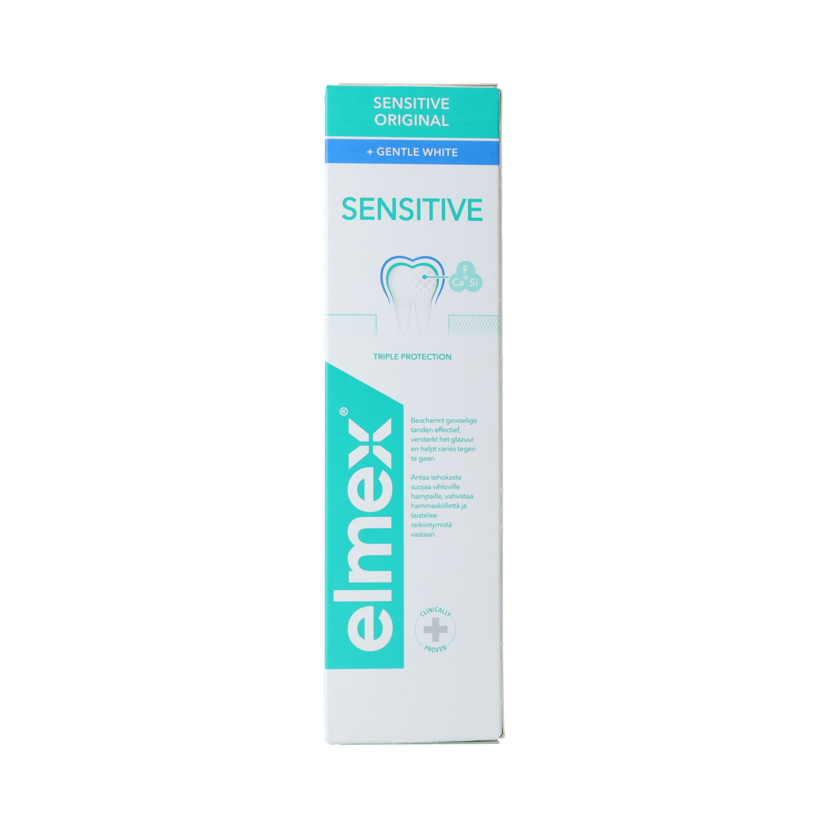 Elmex Sensitive Gentle White toothpaste in 75ml tube showing the packaging and brand logo.