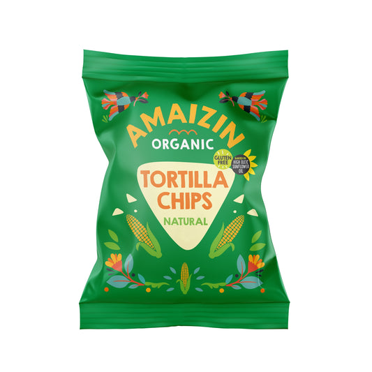 Amaizin natural bio tortilla chips in 75g bag, salted variety, crunchy snack with organic ingredients, shown in the image.