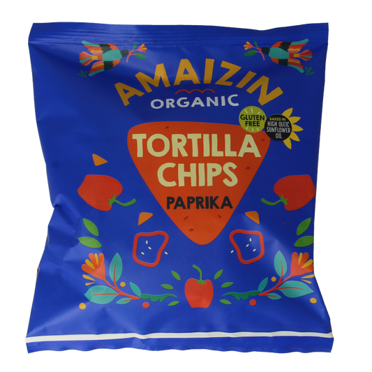 Amaizin organic paprika tortilla chips in 75g bag, crispy chips with paprika flavor, ideal for snacking or dipping.