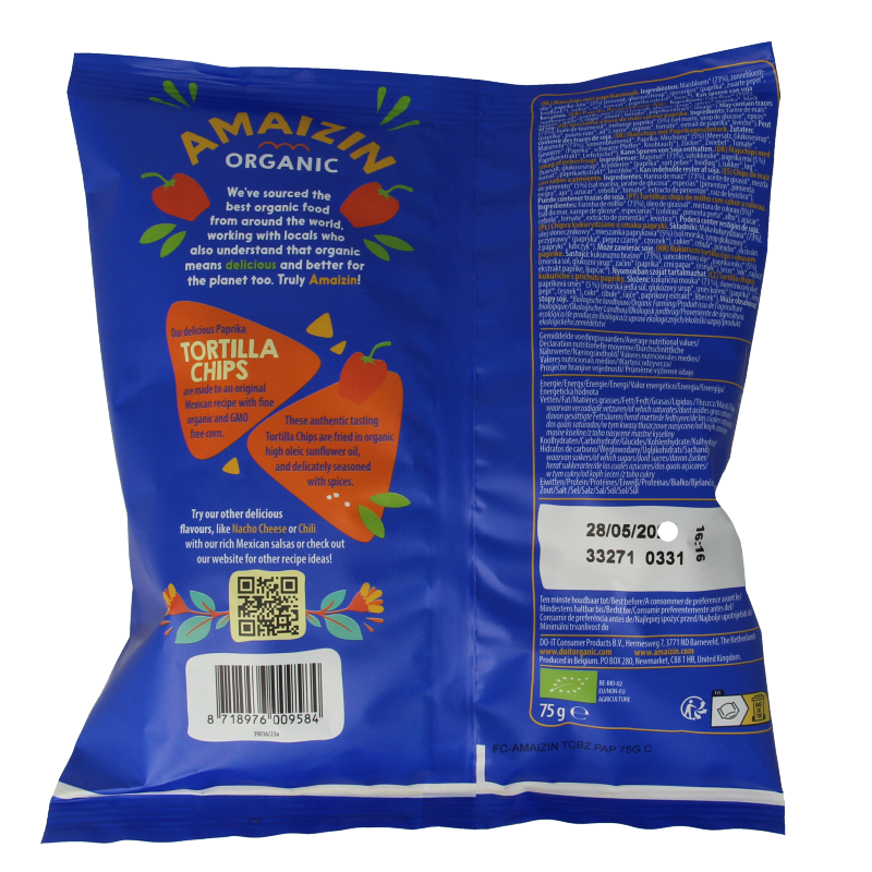 Amaizin organic paprika tortilla chips in a 75g bag, crispy chips en zoutjes with vibrant paprika flavor.