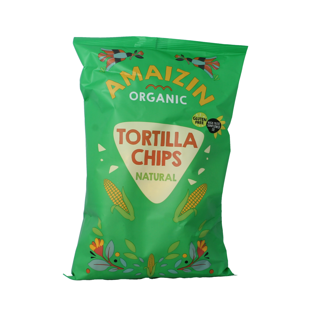 Amaizin Tortillachips natural bio with sea salt, 150g, showing crispy, golden chips in a close-up view