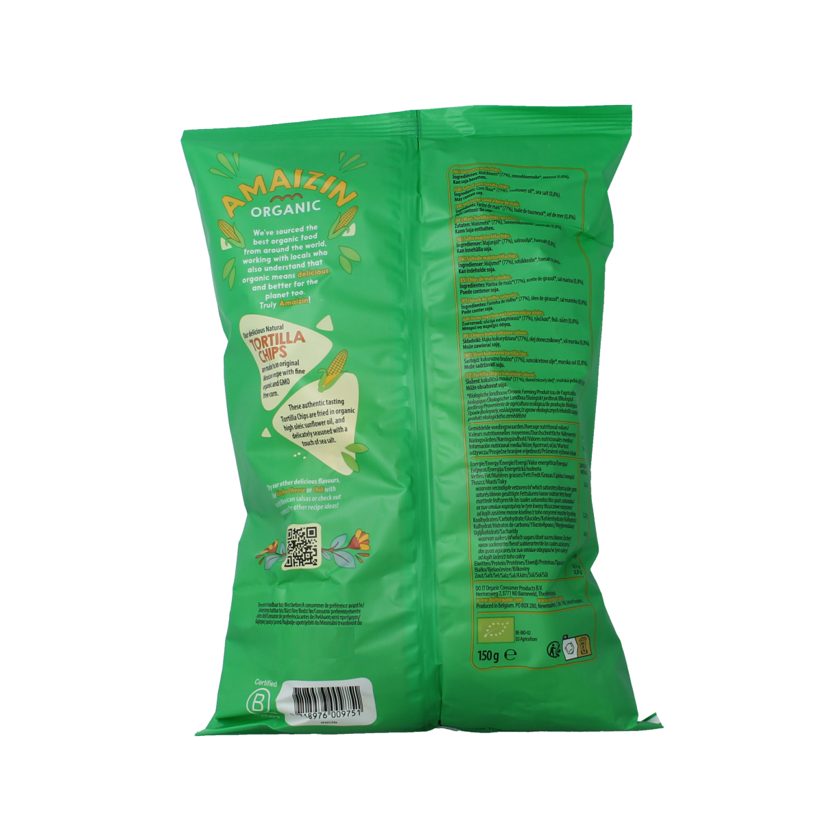 Amaizin bio tortilla chips with sea salt, 150g, natural organic snack in a bag.