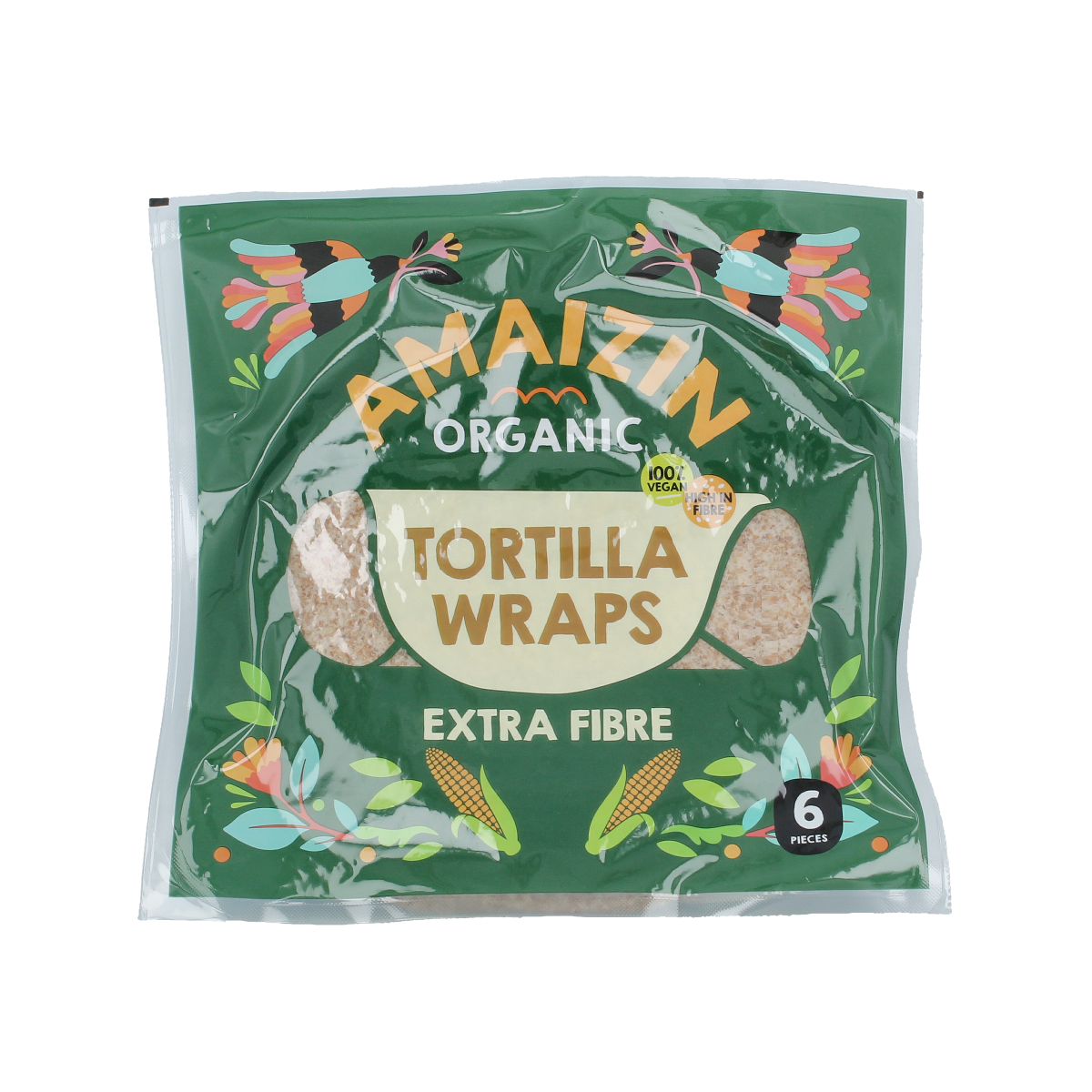 Amaizin extra fibre bio tortilla wraps, 6-pack, showing soft whole grain wraps suitable for pizza and wraps.