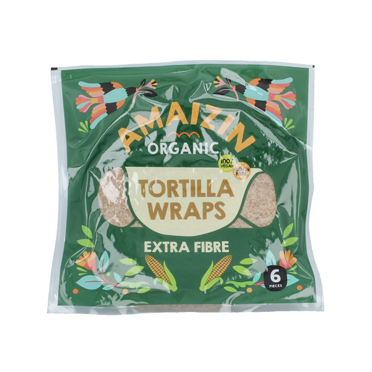 Amaizin extra fibre bio tortilla wraps, 6-pack, showing soft whole grain wraps suitable for pizza and wraps.