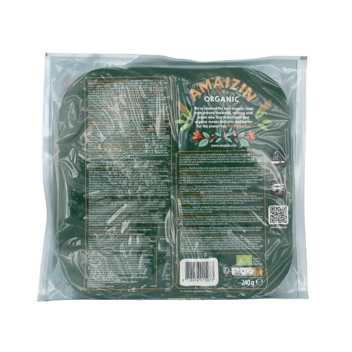 Amaizin organic extra fiber tortilla wraps, 6-piece pack, ideal for making wraps and pizza bases.