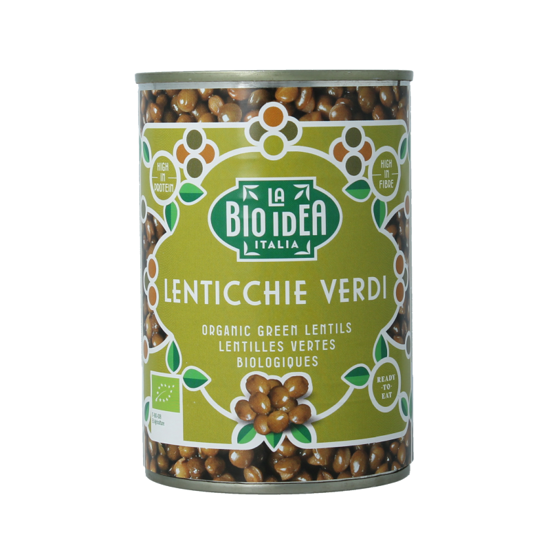Organic green lentils from La Bio Idea in a 400g package, shown in a close-up image highlighting fresh, raw legumes.