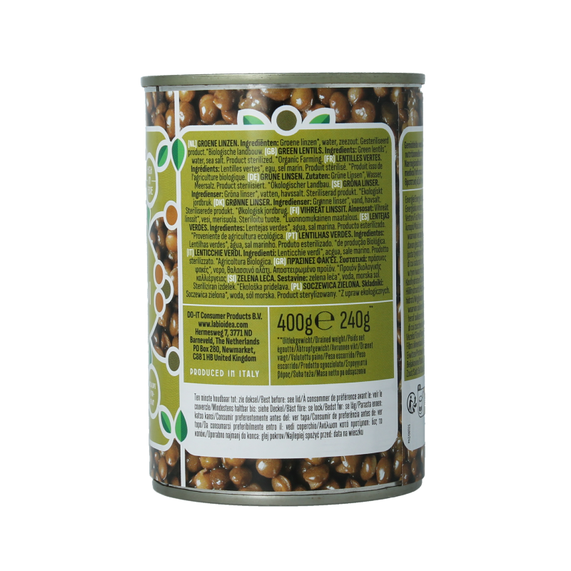Organic green lentils from La Bio Idea in a 400g package, shown in a natural, fresh state.