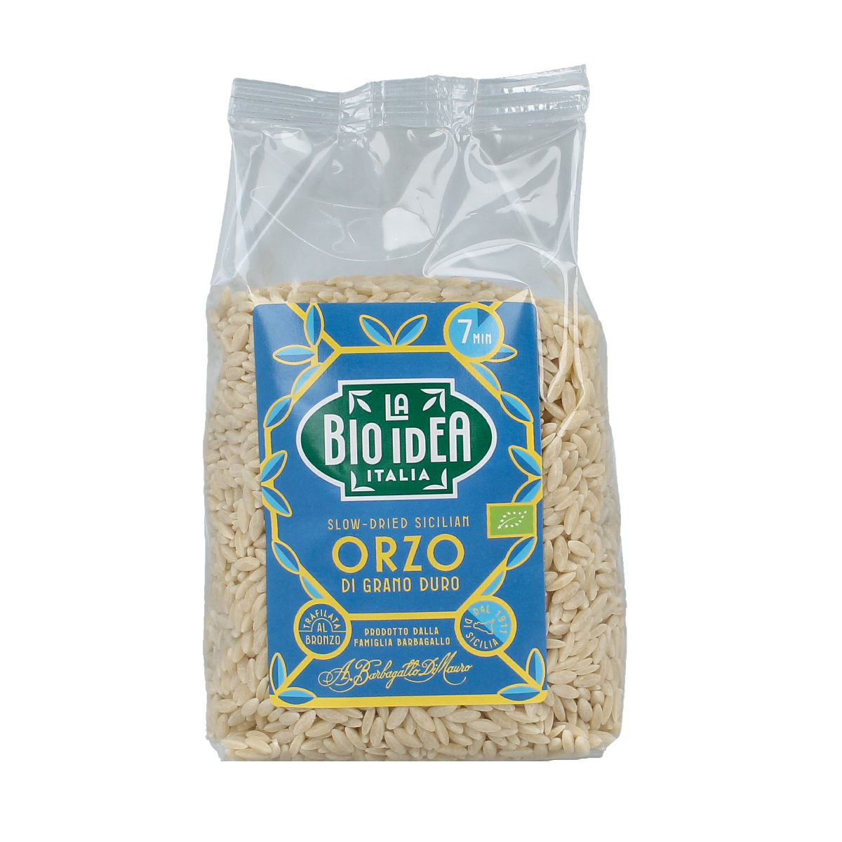 Bioidea organic orzo risoni pasta in a 400g package, showcasing the rice-shaped organic pasta grains.