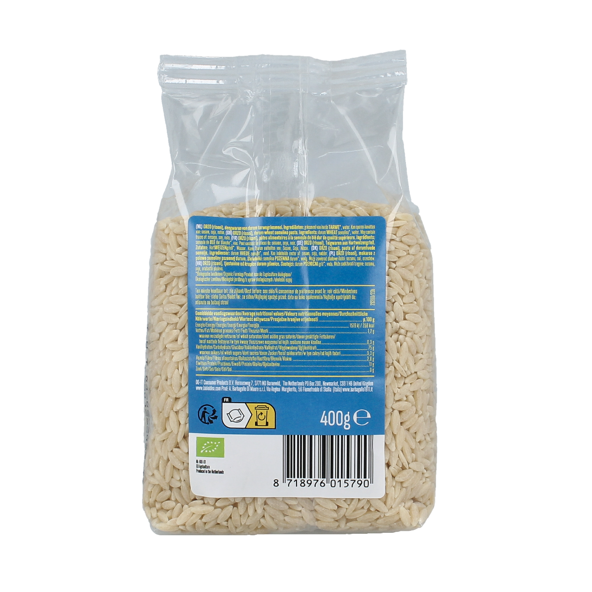 Bioidea organic orzo risoni pasta in 400g package, close-up of the rice-shaped pasta grains.