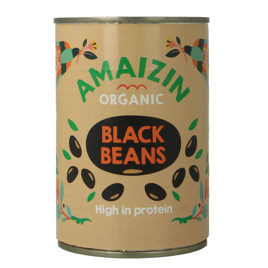 Organic Amaizin black beans in a 400g package, fresh and ready for cooking, from the Amaizin brand.